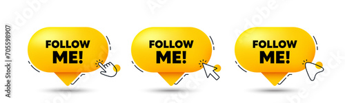 Follow me tag. Click here buttons. Special offer sign. Super offer symbol. Follow me speech bubble chat message. Talk box infographics. Vector
