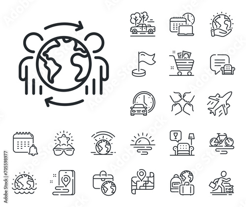International outsourcing sign. Plane jet, travel map and baggage claim outline icons. Global business line icon. Internet marketing symbol. Global business line sign. Vector