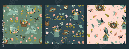 Set of spring seamless patterns with swallows, rabbits, flowers, garden tools. Vector graphics.