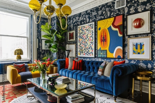 A cozy living room adorned with a vibrant blue couch and striking art pieces on the wall, creating an inviting indoor space with stylish furniture, a coffee table adorned with a vase of flowers, and  photo