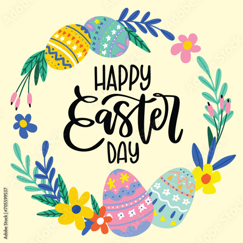 Happy Easter banner, poster, greeting card. Cute Easter design with typography, flowers, eggs, bunny ears, in pastel colors. Modern minimal style eps 10 vector illustration