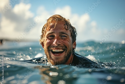 A lone man embraces the vastness of the ocean, his face radiating joy as he swims under the open sky and fluffy clouds