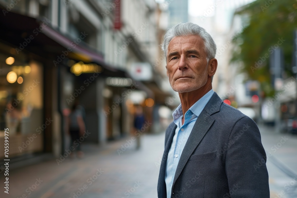 A stylish businessman stands confidently on the busy city sidewalk, his dress shirt and coat perfectly complementing the modern buildings surrounding him A stylish businessman stands confidently on the busy city sidewalk, his dress shirt and coat perfectly complementing the modern buildings surrounding him