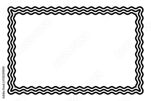 Three bold wavy lines forming a black rectangle shaped frame. Decorative and snake-like border, made by three serpentine lines. Isolated, black and white illustration, on white background. Vector.