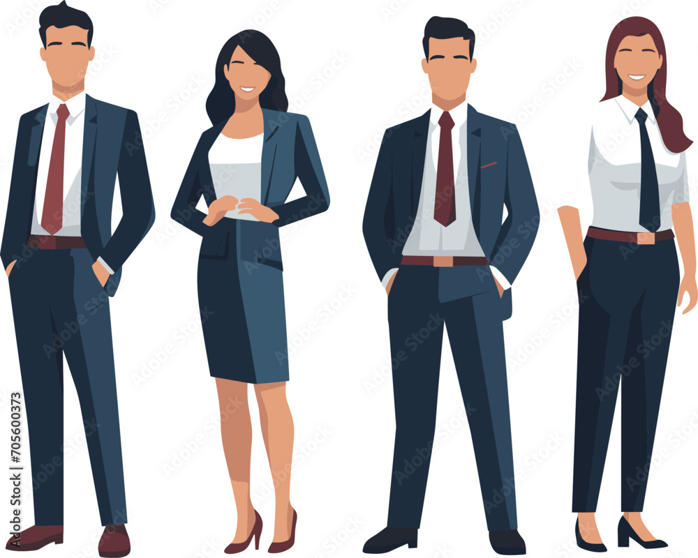 Four professionals are standing confidently in business attire in a vector illustration. Four professionals are standing confidently in business attire in a vector illustration.