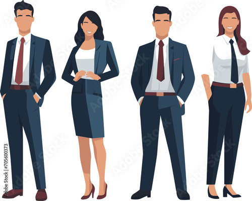 Four professionals are standing confidently in business attire in a vector illustration.