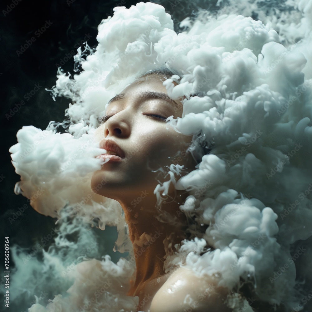 Fashion portrait of beautiful woman with smoke on her face. - obrazy, fototapety, plakaty 