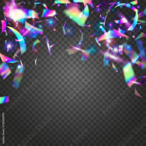 Hologram Background. Glitch Glare. Purple Blur Texture. Glamour Foil. Bright Art. Metal Carnaval Serpentine. Retro Element. Falling Confetti. Violet Hologram Background
