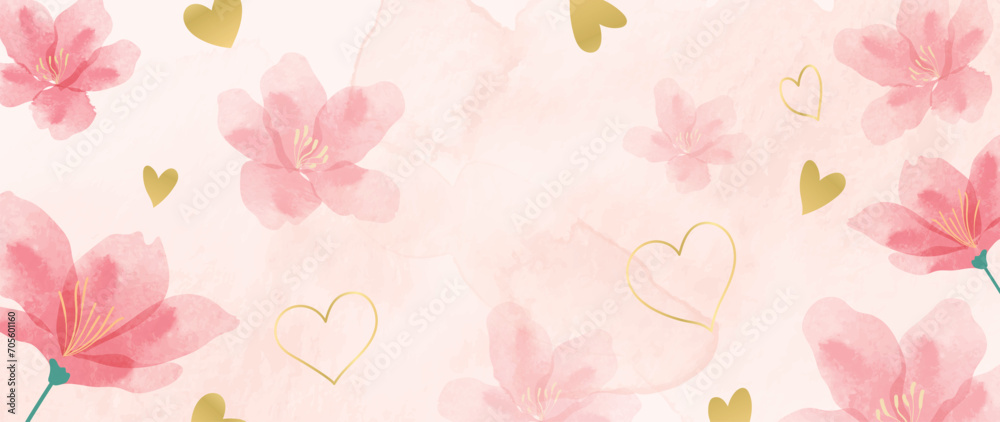 Happy Valentine's day watercolor vector background. Luxury flower wallpaper design with wild flower, line art , heart. Elegant gold botanical illustration suitable for greeting card, print, cover. - obrazy, fototapety, plakaty 