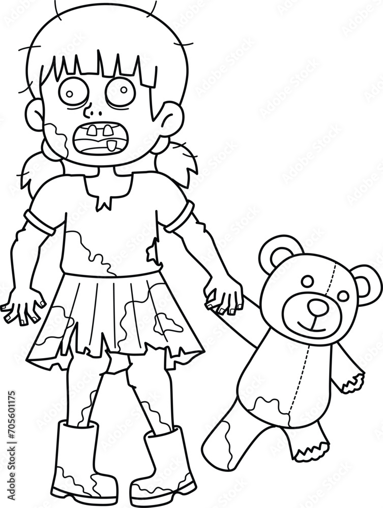 Zombie Child with Plushie Isolated Coloring Page Zombie Child with Plushie Isolated Coloring Page