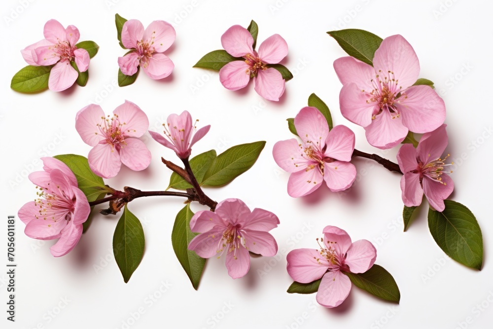 Obraz premium Set of pink flowers and green leaves of Malus floribunda (profusely flowering apple) isolated on white background