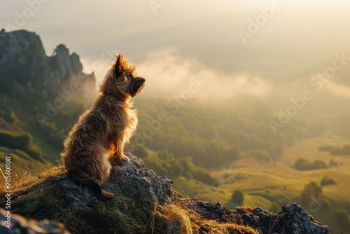 A majestic canine perched upon a boulder, gazing out at the vast expanse of lush greenery, surrounded by mist and illuminated by the rising sun