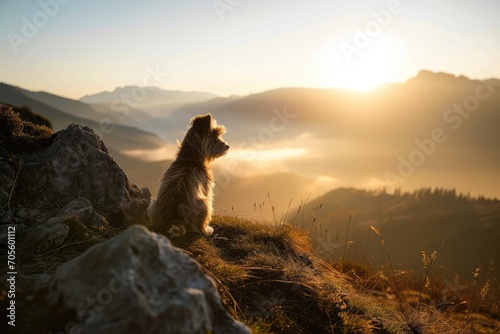 As the fog dissipates and the sun rises over the mountain, a loyal canine sits atop a rocky hill, basking in the beauty of nature's ever-changing landscape