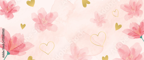 Happy Valentine's day watercolor vector background. Luxury flower wallpaper design with wild flower, line art , heart. Elegant gold botanical illustration suitable for greeting card, print, cover.