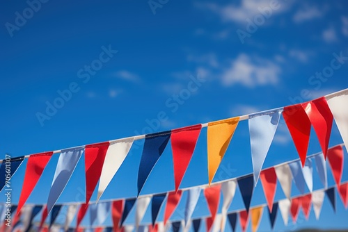 Close-up of pennant flags against blue sky, in the French National Colors, Sault, Provence, Vaucluse,