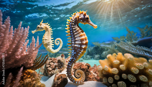 seahorses in a tropical coral reef, generative ai