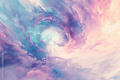 A mesmerizing painting captures the essence of nature's powerful vortex, swirling through a pastel sky of blue and pink clouds