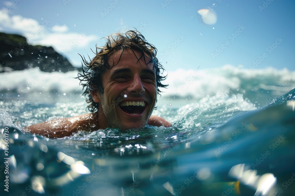 A joyful man glides through the crystal clear ocean waters, his face beaming with delight as he embraces the freedom and serenity of summer swimming