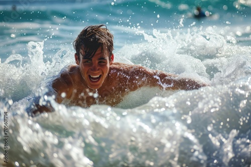 A determined swimmer braves the crashing waves of the vast ocean, sporting swimwear and riding the water with a human face full of determination and love for the outdoor sport of swimming
