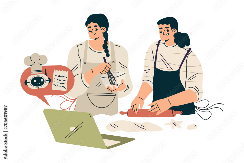 Artificial Intelligence with Woman Character Cook with Chatbot Vector Illustration