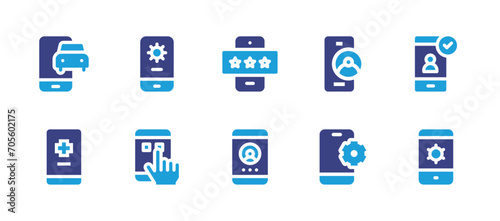 App icon set. Duotone color. Vector illustration. Containing cellphone, profile, rating, application, vote, app, smartphone, mobile app, health service, cogwheel.