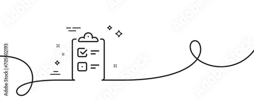 Checklist line icon. Continuous one line with curl. Clipboard document sign. Questioning survey symbol. Checklist single outline ribbon. Loop curve pattern. Vector