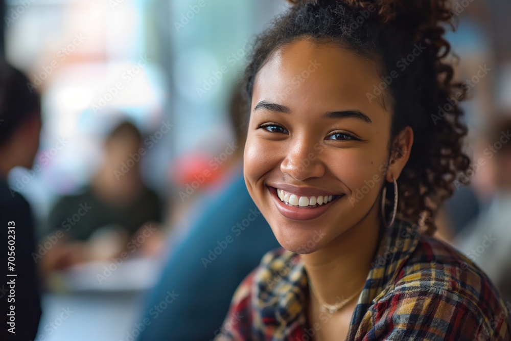 A multiracial woman smiles for a portrait, a group of young adult students working together on a project in a class setting at university behind her. A multiracial woman smiles for a portrait, a group of young adult students working together on a project in a class setting at university behind her.