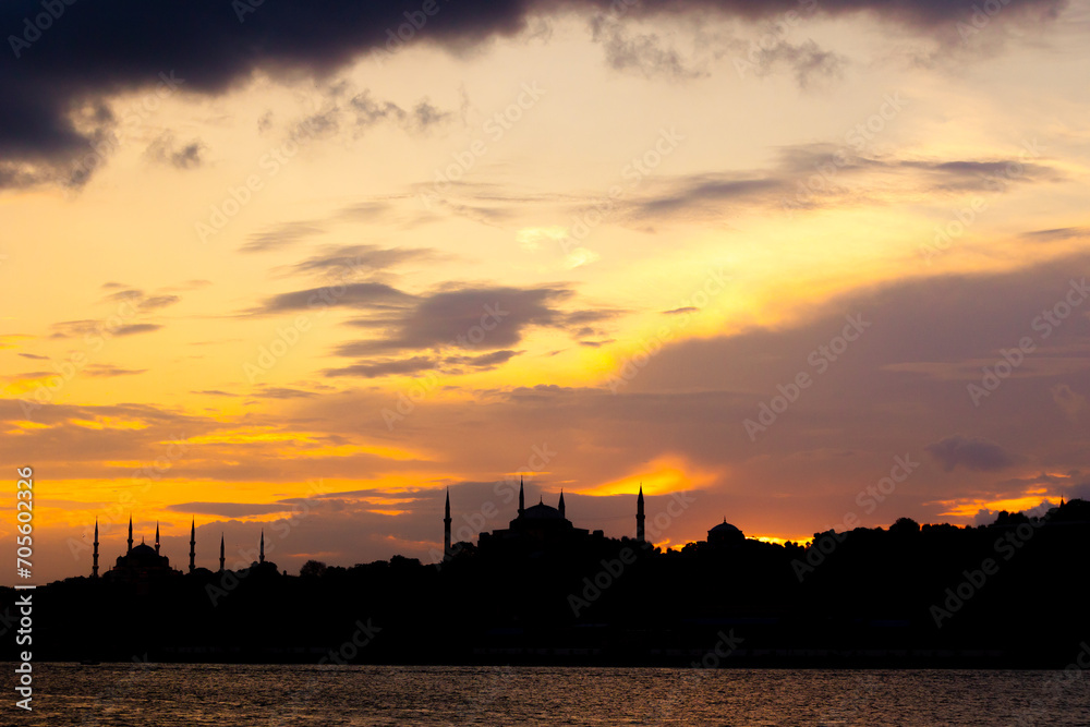Silhouette of Istanbul at sunset. Hagia Sophia and Blue Mosque silhouette