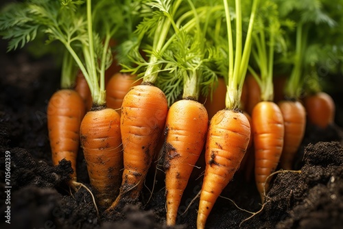Extreme close up of carrot heads in a garden with dark soil; Calgary, Alberta,