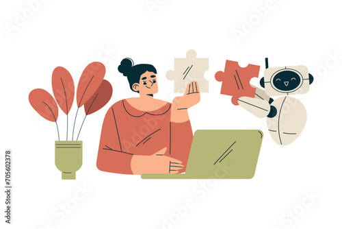 Artificial Intelligence with Woman Character Solve Jigsaw Puzzle with Bot Vector Illustration