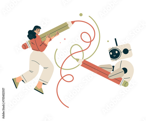 Artificial Intelligence Technology with Woman Character Drawing with Pencil with Bot Vector Illustration