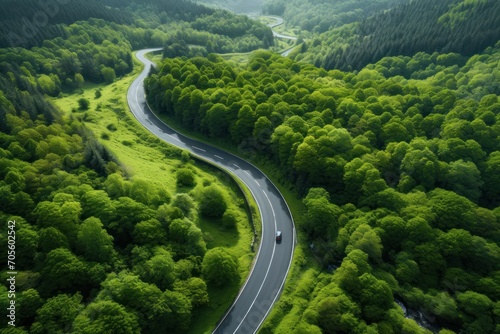 Aerial view of asphalt road winding through green springtime forest photo