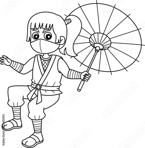 Ninja Kunoichi Holding an Umbrella Isolated 