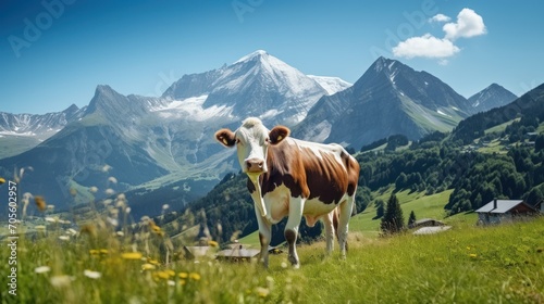 Cow grazing in a mountain meadow in Alps mountains, Tirol, . View of idyllic mountain scenery in Alps with green grass and red cow on sunny day. European mountain landscape photo