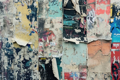 Urban Grunge: Torn Posters and Graffiti Chaos on Street Wall Background © AIGen