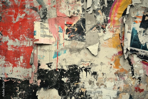Urban Grunge: Torn Posters and Graffiti Texture on Street Wall © AIGen