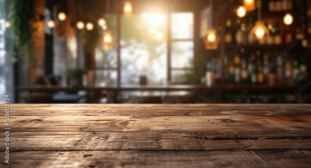 Chic Pub Interior: Retro Wooden Table in Cozy Blur of Sunset Cityscape