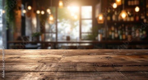 Chic Pub Interior: Retro Wooden Table in Cozy Blur of Sunset Cityscape