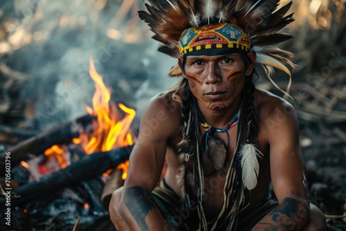Portrait of a Serious Indigenous Man from the Amazon Sitting by the Fire, Embracing Tribal Tradition and Culture