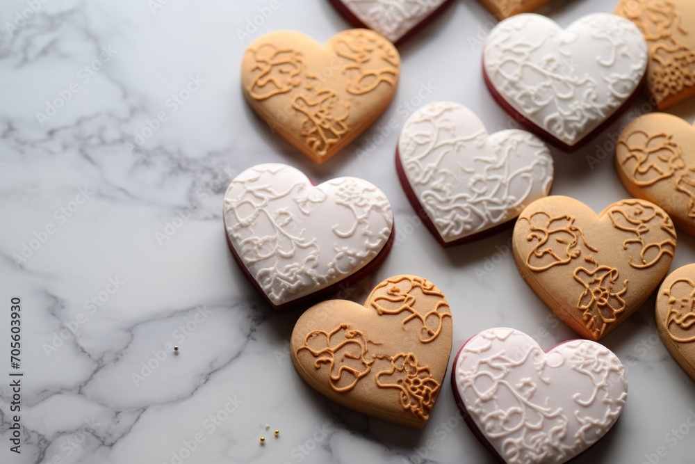 Obraz premium Stamped Heart Cut-Out Cookies on a Marble Background