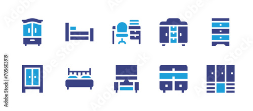 Home furniture icon set. Duotone color. Vector illustration. Containing wardrobe, cupboard, chest of drawers, bed, work space, watching tv.