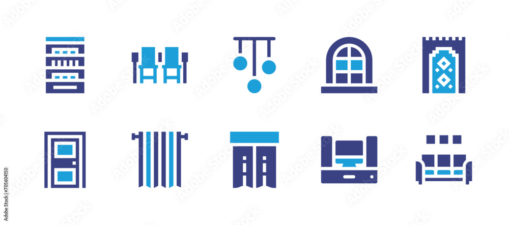 Home furniture icon set. Duotone color. Vector illustration. Containing home theater, window, lamp, curtains, curtain, table, shelves, rug, door, sofa.