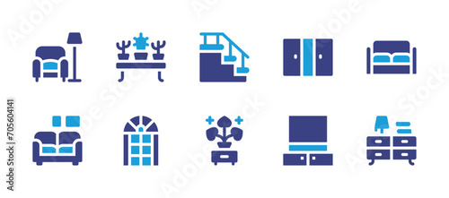 Home furniture icon set. Duotone color. Vector illustration. Containing furniture, sofa, doors, night stand, home entertainment system, plant pot, window, stairs, housekeeping.