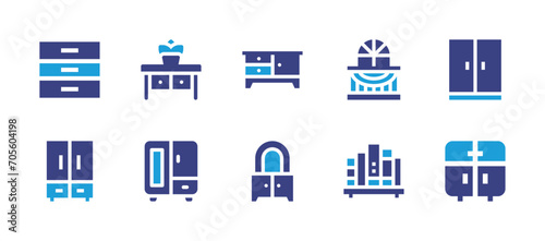 Home furniture icon set. Duotone color. Vector illustration. Containing furniture, drawer, closet, cupboard, cabinet, buffet, balcony, bookshelf.