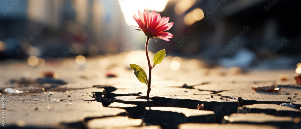 A close-up of a resilient flower pushing through the hard asphalt of a street, showcasing the strength and determination of nature to thrive in challenging environments.