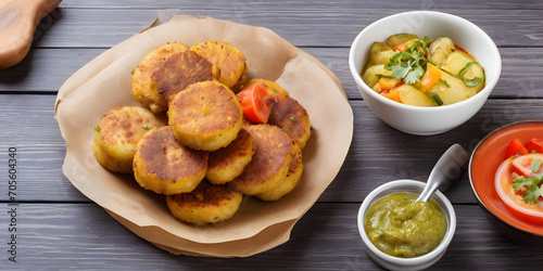 Aloo tikki: Patties of potato mixed with some vegetables fried on the wooden table with bokeh lights background with copy space