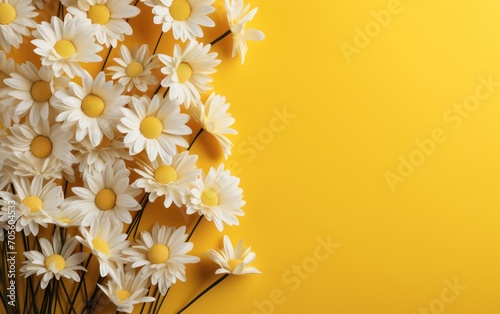 White chamomile flowers on yellow background. Flat lay  top view
