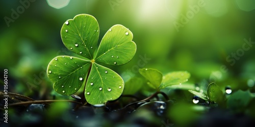 Four leaf clover with dewdrops on its leaves. Green blurred background