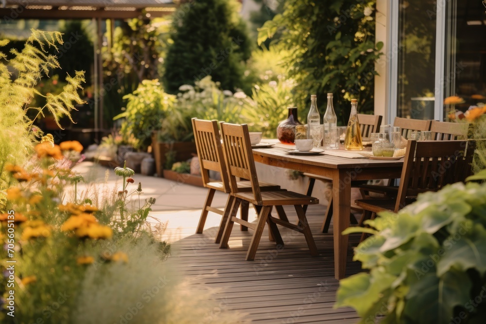 Plants and wooden chairs at table with food on terrace of house in the summer