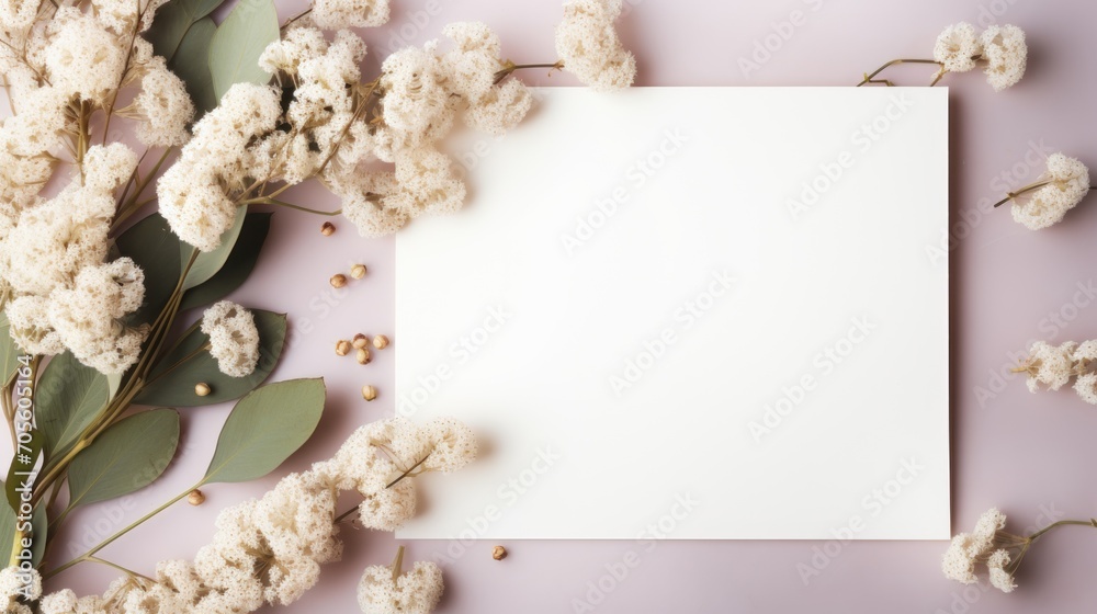 Styled stock photo. Feminine wedding desktop stationery mockup with blank greeting card, baby's breath Gypsophila flowers, dry green eucalyptus leaves, satin ribbon and white background. Empty space